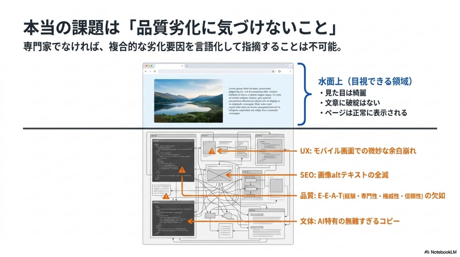 AIスロップ時代の 3 つの深刻な課題 — 信頼/SEO 低下 × 改善サイクル鈍化 × 専門知識とコストの壁