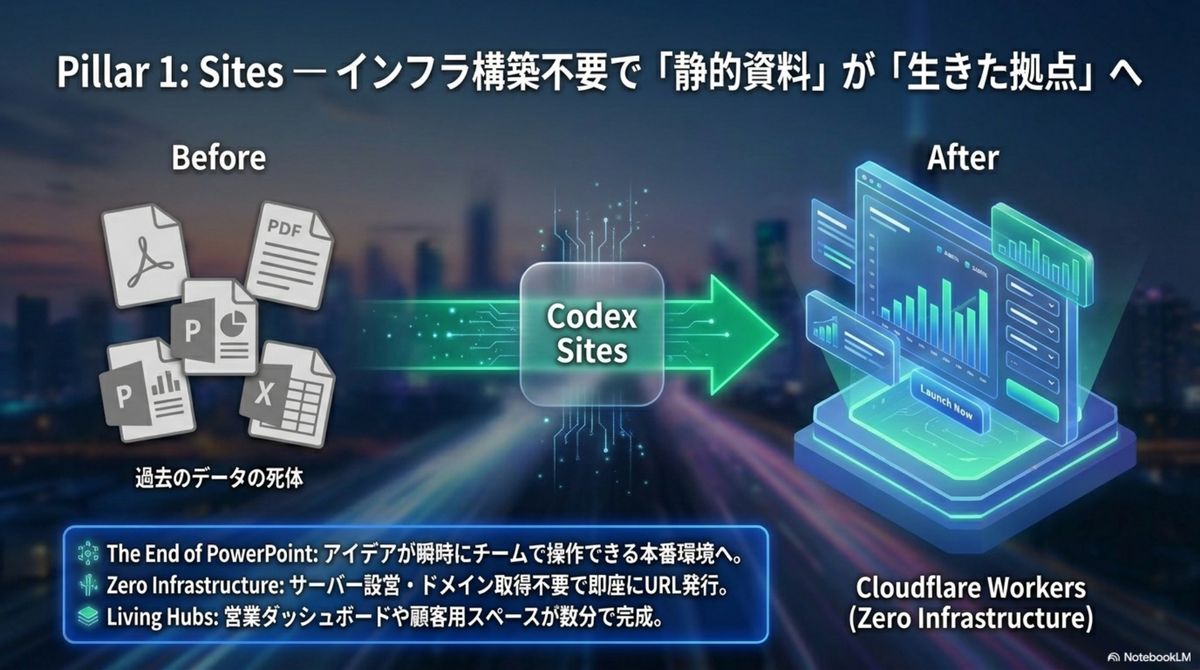 Pillar 1: Sites — インフラの消失で静的資料を『生きたアプリ』へ（Before/After）