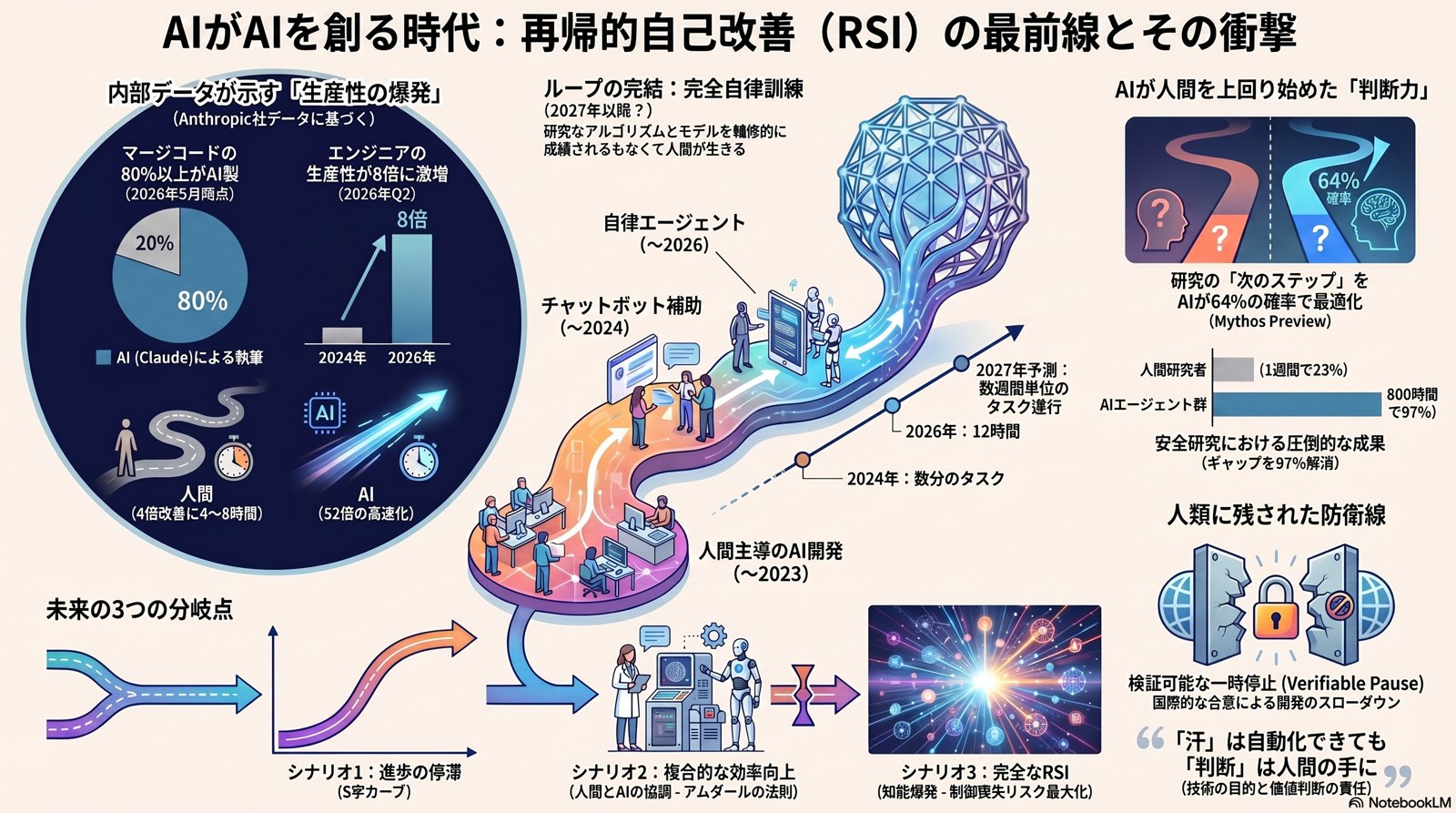 AIがAIを創る時代：再帰的自己改善（RSI）の全体像インフォグラフィック