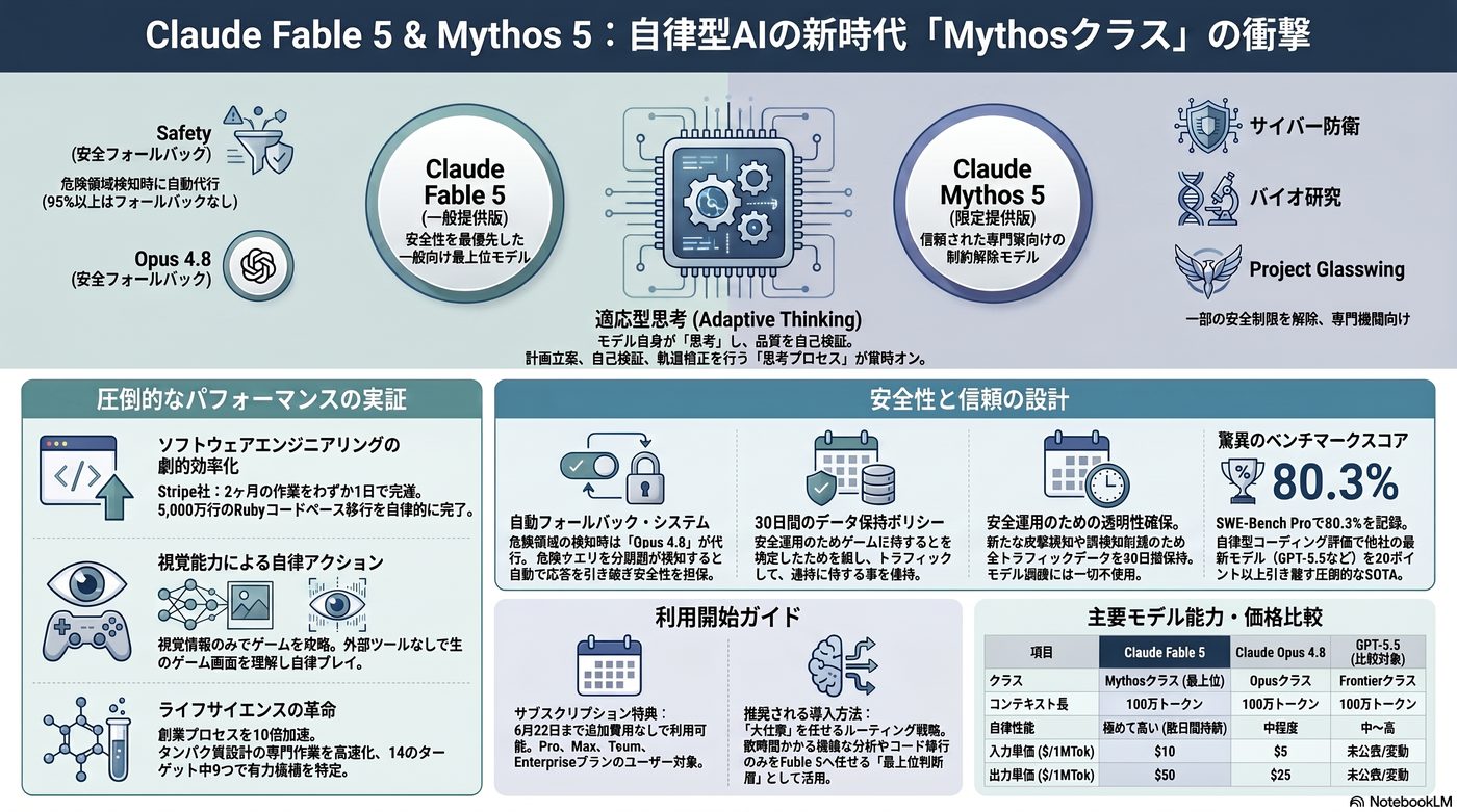 Claude Fable 5 & Mythos 5：自律型AIの新時代「Mythosクラス」の衝撃 — 全体俯瞰インフォグラフィック