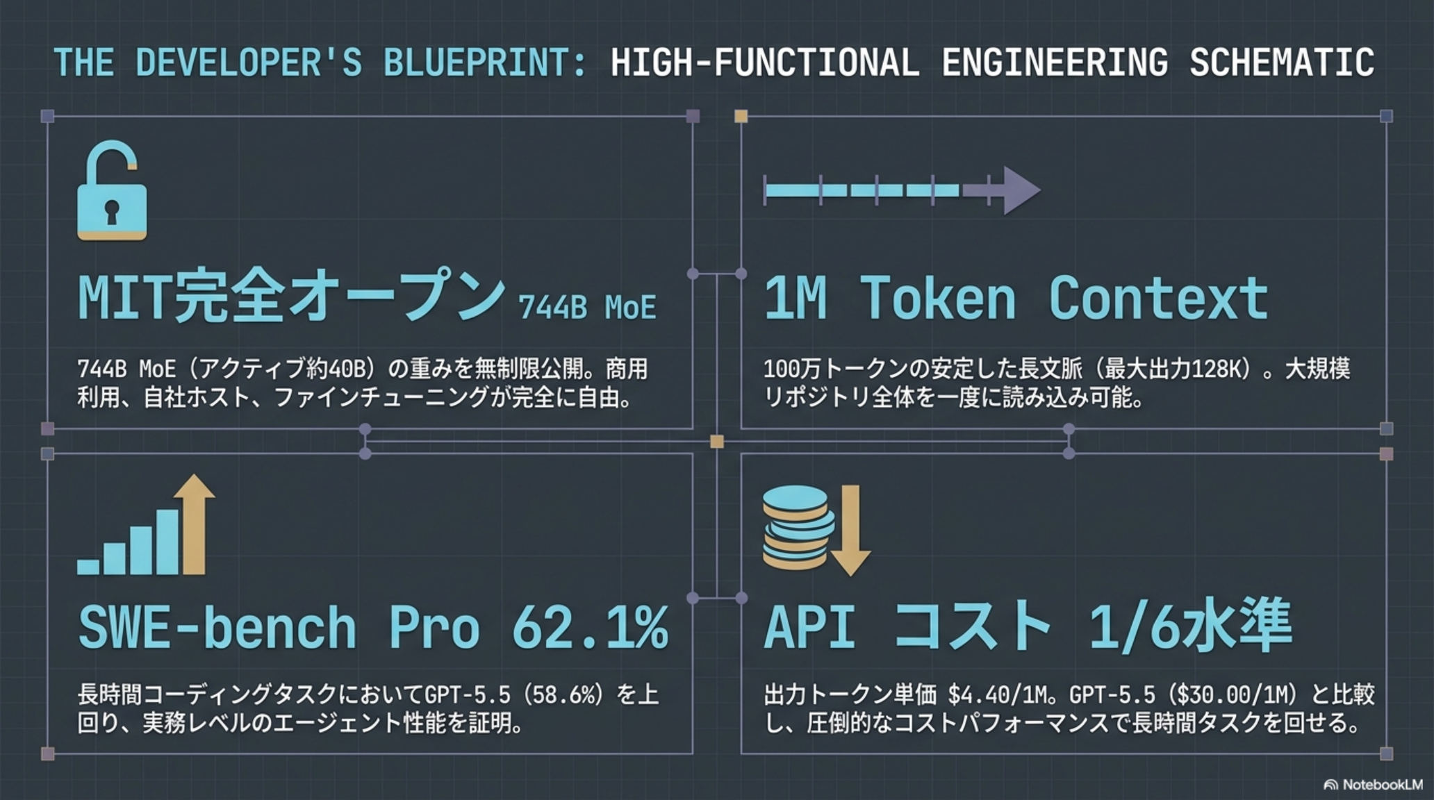 主要指標 — MIT / 1M Context / SWE-bench Pro 62.1% / コスト1/6