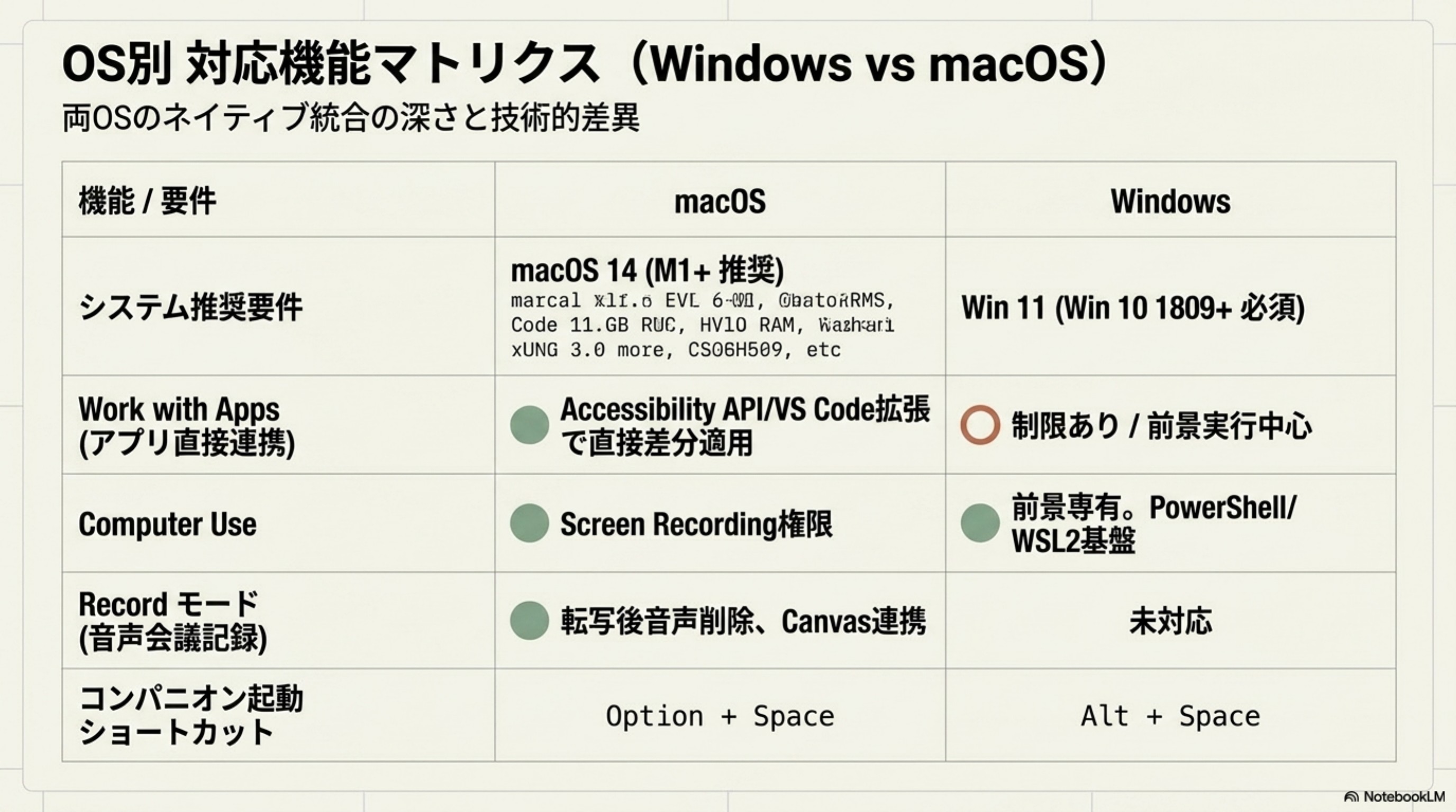OS別 対応機能マトリクス (Windows vs macOS)