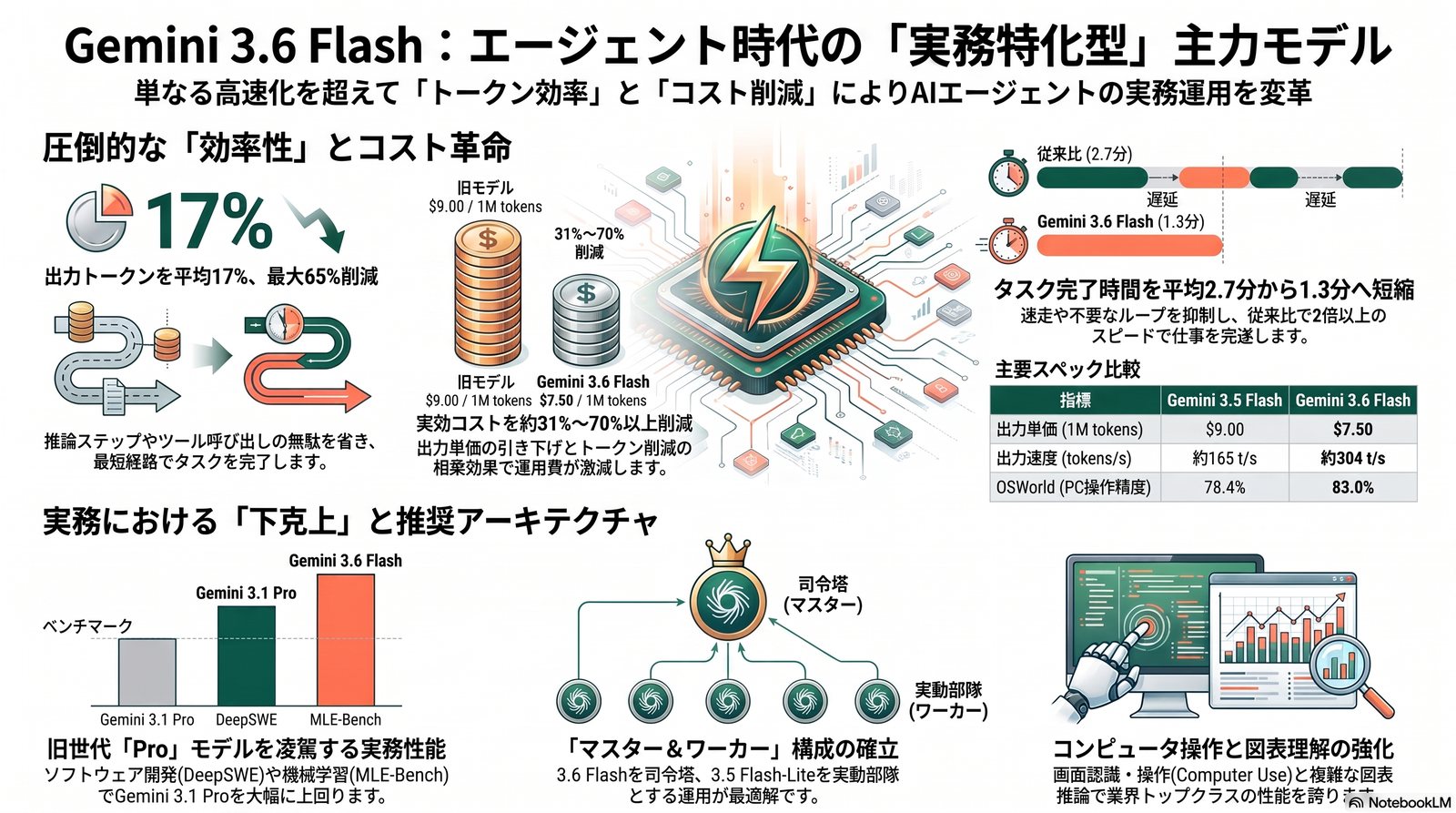 Gemini 3.6 Flash：エージェント時代の「実務特化型」主力モデル。トークン効率・コスト革命・下克上ベンチマーク・マスター＆ワーカー構成を1枚にまとめたインフォグラフィック