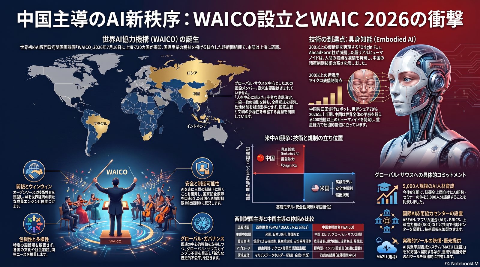 中国主導のAI新秩序：WAICO設立とWAIC 2026の衝撃。世界AI協力機構の誕生・具身知能の到達点・米中AI競争の立ち位置・グローバルサウスへのコミットメント・西側と中国主導の枠組み比較を1枚にまとめたインフォグラフィック
