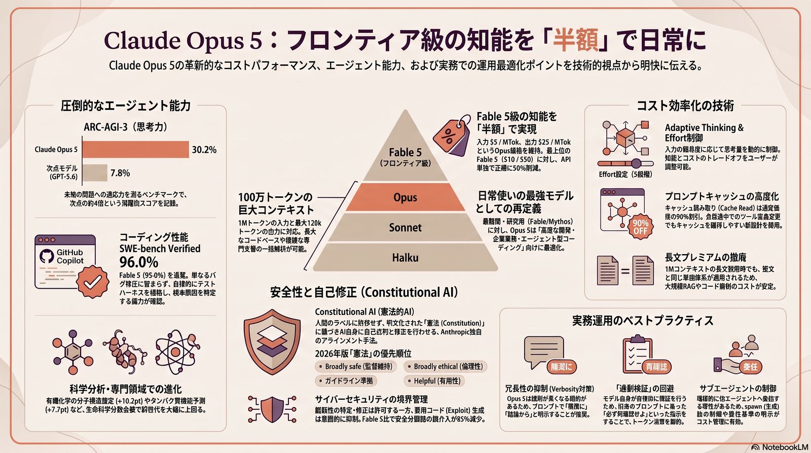 Claude Opus 5：フロンティア級の知能を「半額」で日常に。圧倒的なエージェント能力（ARC-AGI-3 30.2%）、コーディング性能 SWE-bench Verified 96.0%、モデル階層における再定義、コスト効率化の技術（Adaptive Thinking・Effort制御・プロンプトキャッシュ・長文プレミアム撤廃）、Constitutional AI による安全性と自己修正、実務運用のベストプラクティスを1枚にまとめたインフォグラフィック