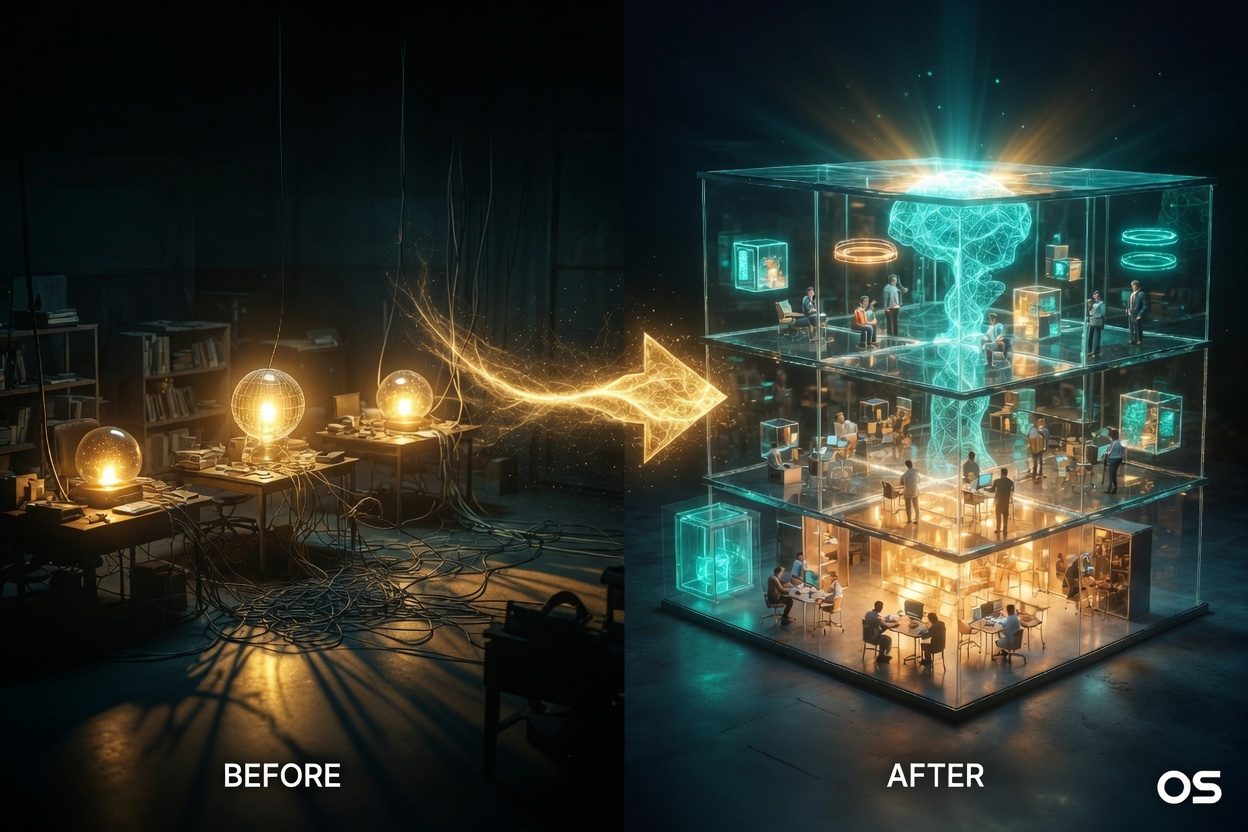 BEFORE: 孤立した個人エージェント。AFTER: 会社OSとしての共有建築