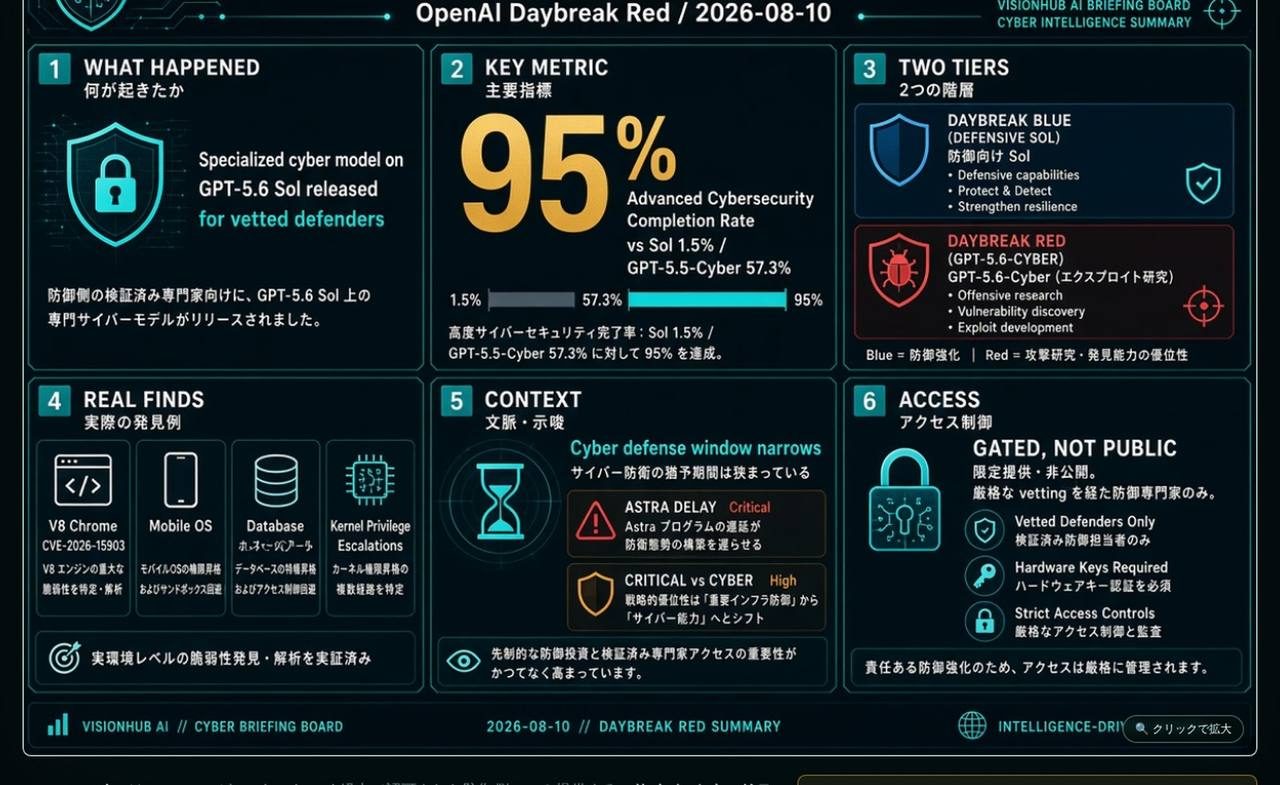 GPT-5.6-Cyber ONE-BOARD SUMMARY。1 WHAT HAPPENED：GPT-5.6 Sol上の専門サイバーモデルを検証済み防御側へリリース。2 KEY METRIC：高度サイバー完了率95%（Sol 1.5% / GPT-5.5-Cyber 57.3%）。3 TWO TIERS：Daybreak Blue（防御向けSol）と Daybreak Red（GPT-5.6-Cyber・エクスプロイト研究）。4 REAL FINDS：V8 Chrome CVE-2026-15903、Mobile OS、Database、Kernel Privilege Escalations。5 CONTEXT：Cyber defense window narrows、Astra Delay Critical vs Cyber High。6 ACCESS：GATED, NOT PUBLIC。VisionHub AI Briefing Board。
